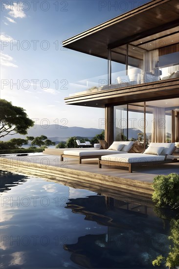 Luxurious wooden house with swimming pool reflecting the opulence of billionaires nestled in