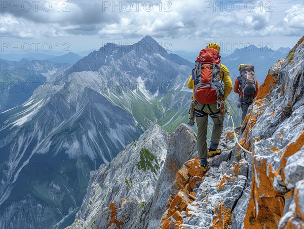 Mountain climber with full equipment climbing, ai generated, AI generated