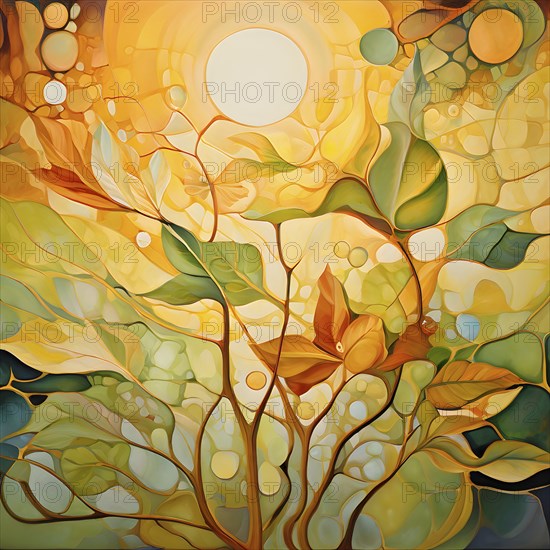 Abstract digital painting embodying sustainability with intertwining leaves glisten with water