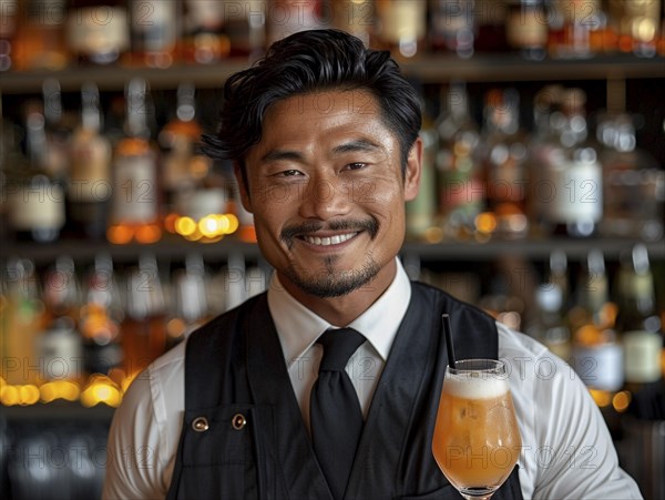 Bartender mixes cocktails in an elegant hotel, AI generated