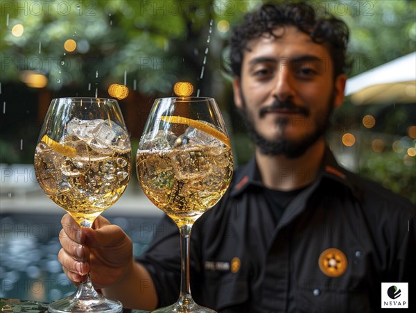 Bartender mixes cocktails in an elegant hotel, AI generated