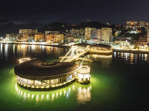 Pier and Promenade in Durres from a drone at night, Adriatic Sea, Albania, Europe