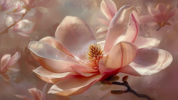 Ethereal close-up of a light pink magnolia flower with softly focused petals and a gentle