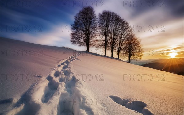 Footprints in fresh snow on a hill with a row of trees in winter, backlight, AI generated, AI