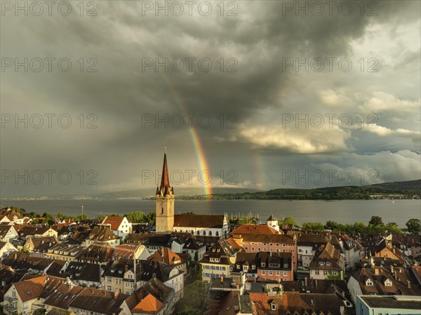 Aerial view of the town of Radolfzell on Lake Constance with the Radolfzell Minster in front of