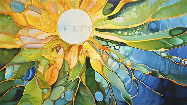 Abstract digital painting embodying sustainability with intertwining leaves glisten with water
