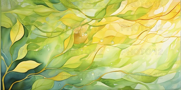 Abstract digital painting embodying sustainability with intertwining leaves glisten with water