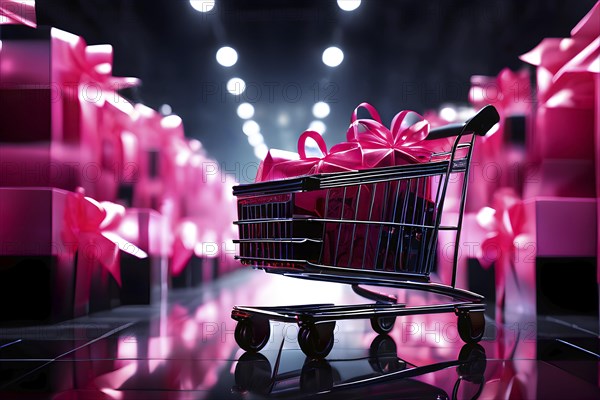 Black friday shopping cart brimming with black gift boxes tied with pink ribbons against a dark