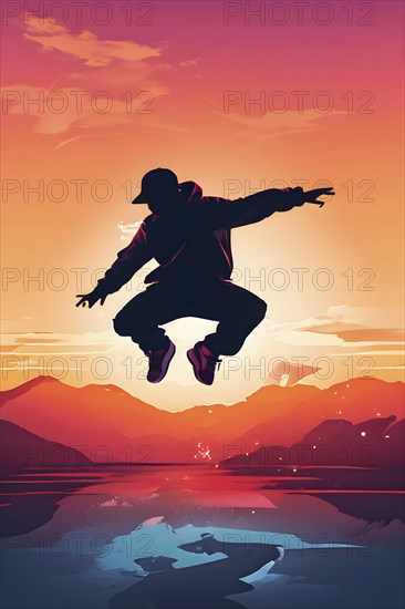 Illustration of a breakdancer silhouette in calm harmony bathed in the breathtaking palette of a