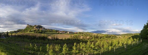 Farmland, Riegersburg Castle in the background, panoramic view, near Riegersburg, Styria, Austria,