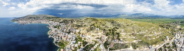 Panorama of Saranda from a drone, Albanian Riviera, Albania, Europe