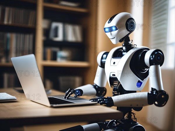 Android, robot writing on a laptop in the home office, symbolic image artificial intelligence
