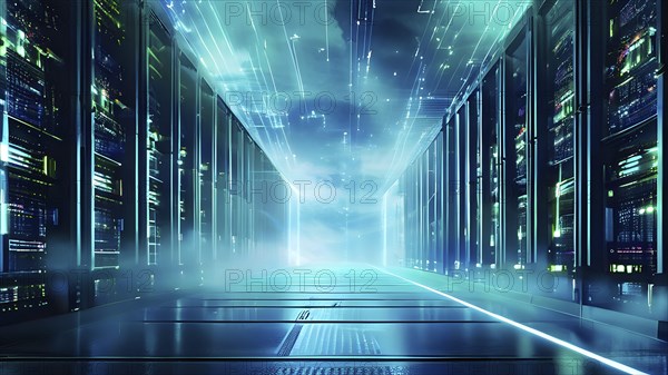 Server racks aligned in rows within a cloud computing data center background and data streams