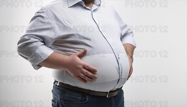 Overweight, A man in a shirt touches his round fat belly, AI generated, AI generated