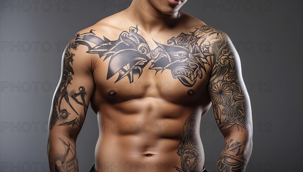 Muscular man with large black tribal tattoos on chest and arms, Asian art motifs, AI generated, AI