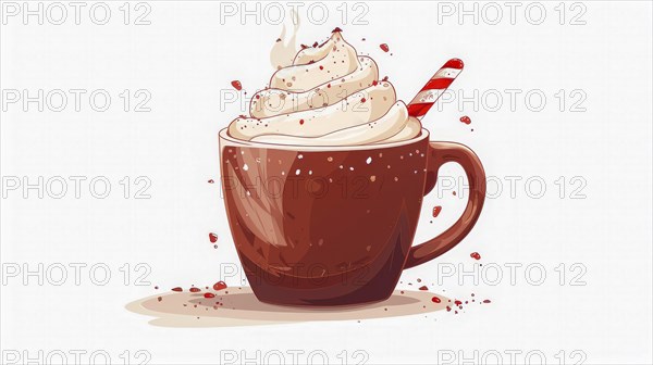 Cup filled with chocolate drink topped with whipped cream and a candy cane straw in a cozy digital
