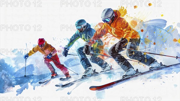 Three skiers in colorful outfits skiing down a slope with dynamic motion and splashes of snow, AI