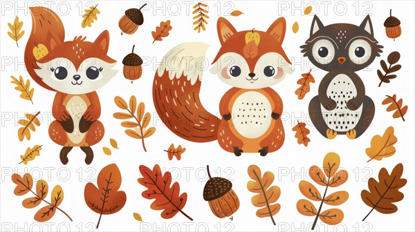 Cute baby foxes and an owl with acorns and autumn leaves creating a playful fall scene, AI