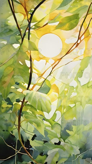 Abstract digital painting embodying sustainability with intertwining leaves glisten with water