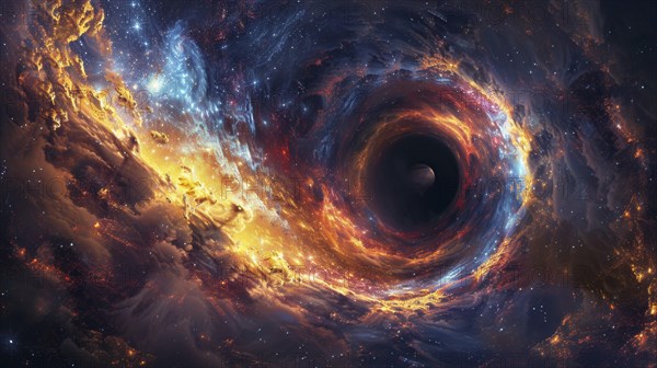 A black hole at the center of swirling, colorful cosmic gases and bright nebulas, AI generated