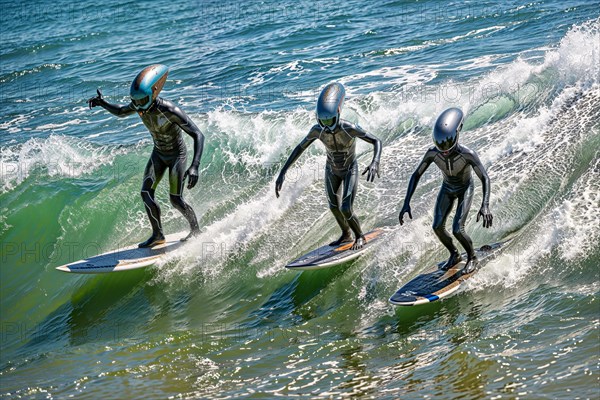 Aliens, three surfers in spacesuits visit earth to surf and ride synchronised on a green wave, AI