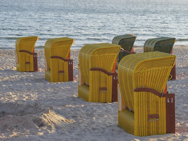 Yellow beach chairs on a sandy beach with a view of the sea in calm light conditions, autumn