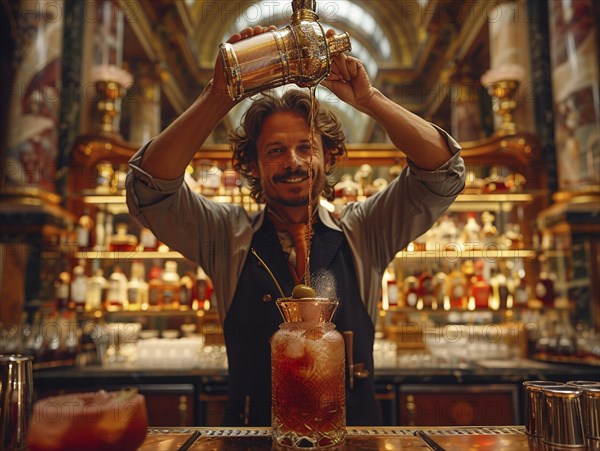 Bartender mixes cocktails in an elegant hotel, AI generated