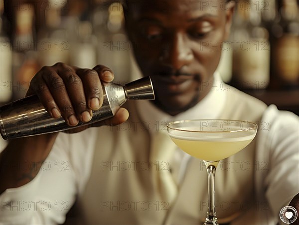 Bartender mixes cocktails in an elegant hotel, AI generated