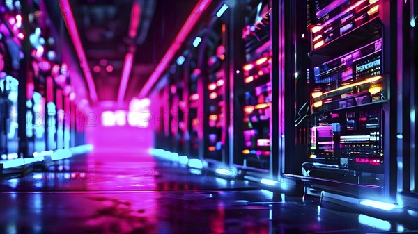 Server racks aligned in rows within a cloud computing data center background and data streams