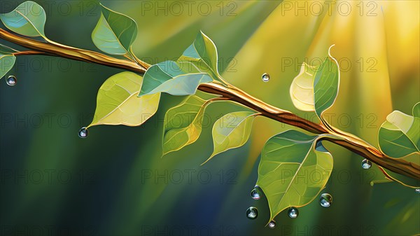 Abstract digital painting embodying sustainability with intertwining leaves glisten with water