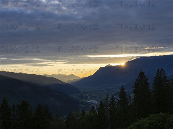 Sunset over the Eisenerz Alps, in the Liesingtal the village of Traboch, Schoberpass federal road,
