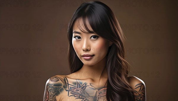 Portrait of a tattooed Asian woman with brown hair in front of a brown background, AI generated, AI