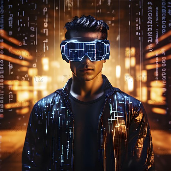 Portrait of a man with data goggles displaying intricate streams of digital information against