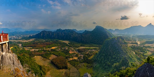 Panorama of Vang Vieng and the Kart landscape from Pha Ngern View Point, Vientiane Province, Laos,