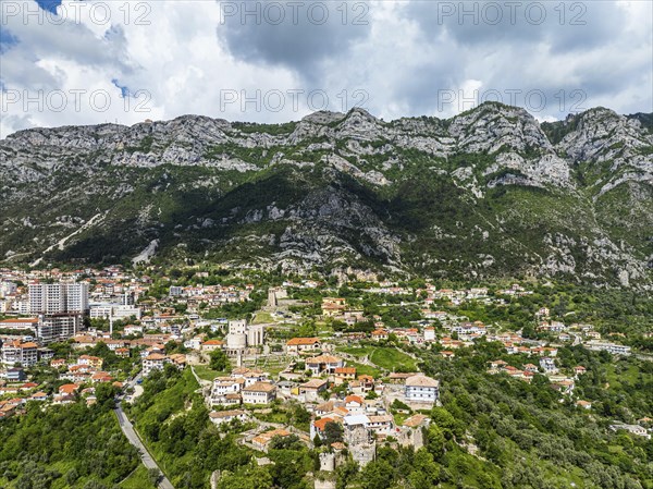 Kruje and Mount Kruje from a drone, Ishem River, Albania, Europe