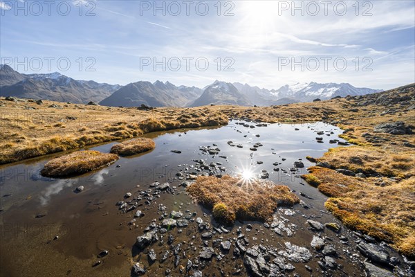 Small lake on the high plateau of the Gurgler Seenplatte, glaciated mountain peaks in the