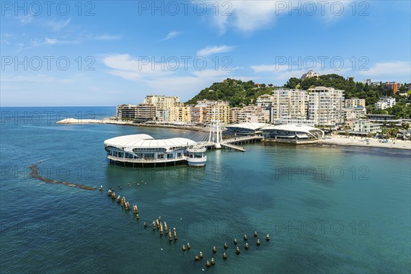 Pier and Promenade in Durres from a drone, Adriatic Sea, Albania, Europe