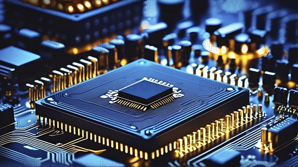 Close-up of a printed circuit board with microchip processor CPU, various electronic components and