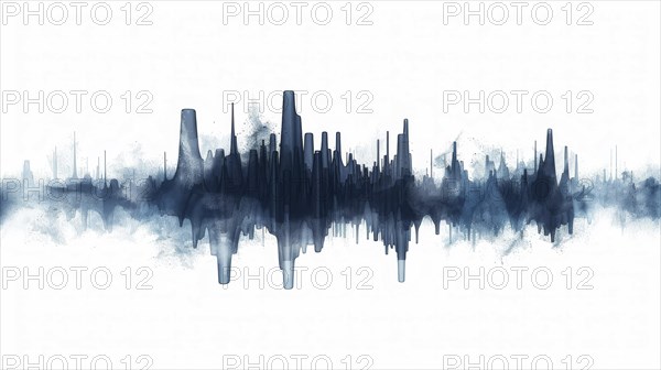 Abstract cityscape resembling a sound wave in black and blue tones on a white background, AI