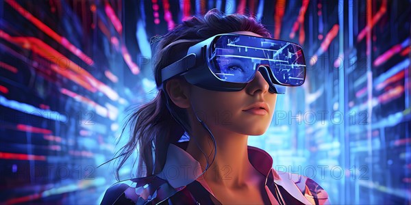Portrait of a woman with data goggles displaying intricate streams of digital information against