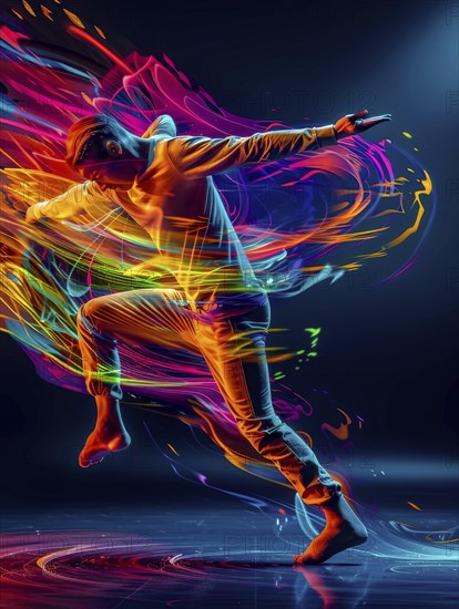 Dancer in an energetic pose with neon light trails creating a vibrant and dynamic pattern against a