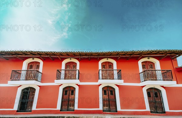 Colorful colonial house with 4 balconies. Granada, Nicaragua. Architecture of colorful houses of