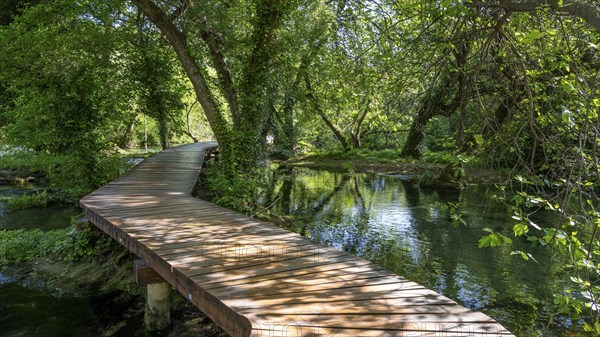 Wooden footbridge in Krka National Park, Krka Waterfalls, Dalmatia, Croatia, Europe