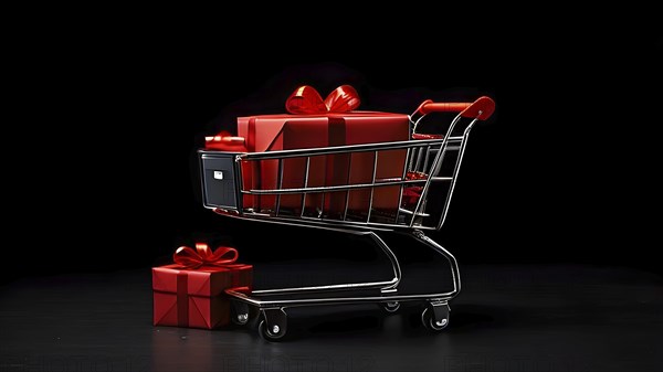 Black friday shopping cart brimming with black gift boxes tied with red ribbons against a dark grey