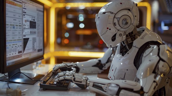 A robot with a cybernetic appearance and glowing lights typing on a computer in a high-tech