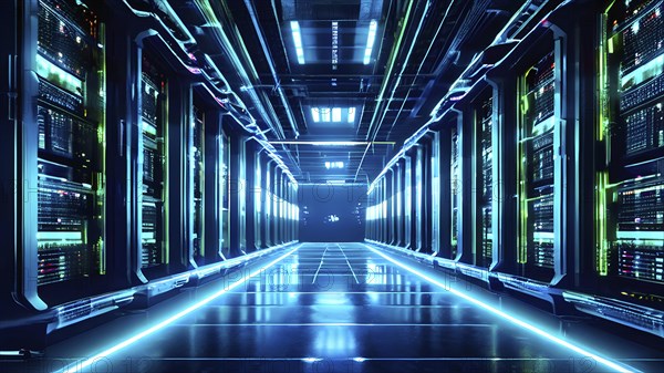 Server racks aligned in rows within a cloud computing data center background and data streams