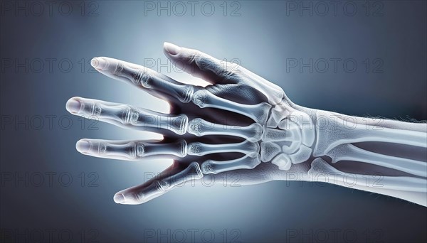 Lateral X-ray view of a human hand with visible bone structures against a blue background, AI