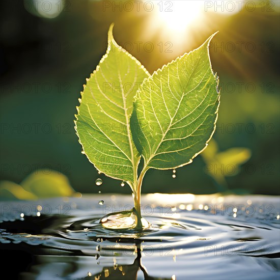 Abstract digital painting embodying sustainability with intertwining leaves glisten with water