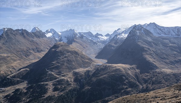 Mountain panorama, Glaciated peaks of the Gurgler ridge, mountain peaks in autumn, near Obergurgl,