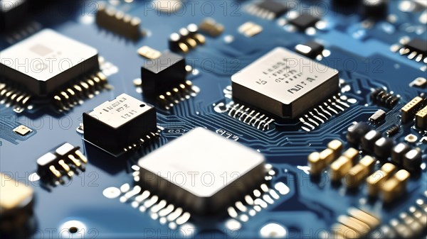 Close-up of a printed circuit board with microchip processor CPU, various electronic components and